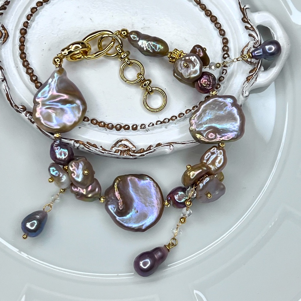 Handmade Rare Lavender Golden Green Purple Big Freshwater Keshi Pearl Bracelet